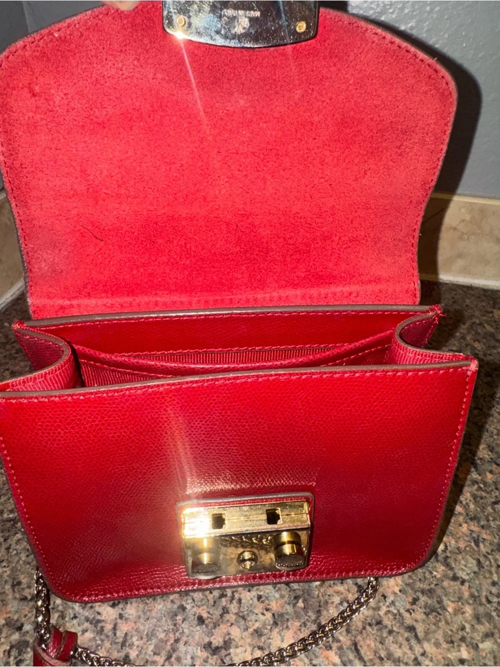 Furla metropolis rare ruby red Leather cross body bag w/care card EUC